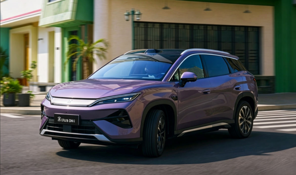 SUV BYD Song Ultra DM-i na cor roxa estacionado em rua urbana com fachadas coloridas ao fundo