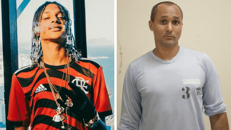 Oruam, filho de Marcinho VP, é alvo de pedido de prisão preventiva em SP: rapper está foragido e responde por 4 crimes 6 Montagem com Oruam usando camisa do Flamengo com tranças e cordões, ao lado de foto de Marcinho VP com uniforme de presidiário