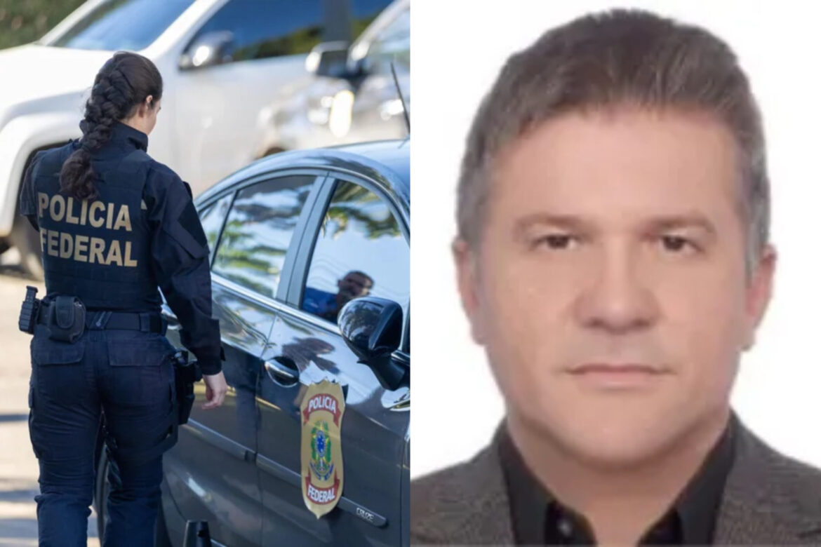 Agente da Polícia Federal com colete azul-marinho ao lado de viatura; retrato de homem de meia-idade, cabelos grisalhos
