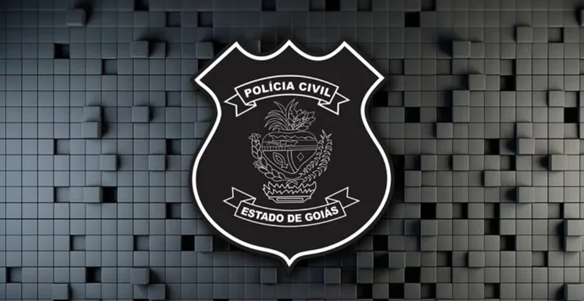 Brasão da Polícia Civil do Estado de Goiás em preto e branco sobre fundo com cubos 3D cinza