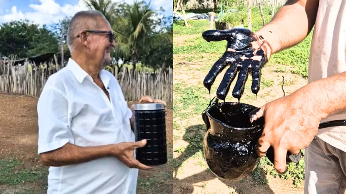 Idoso de camisa branca segura recipiente com líquido escuro; ao lado, mão coberta de petróleo cru sobre balde preto