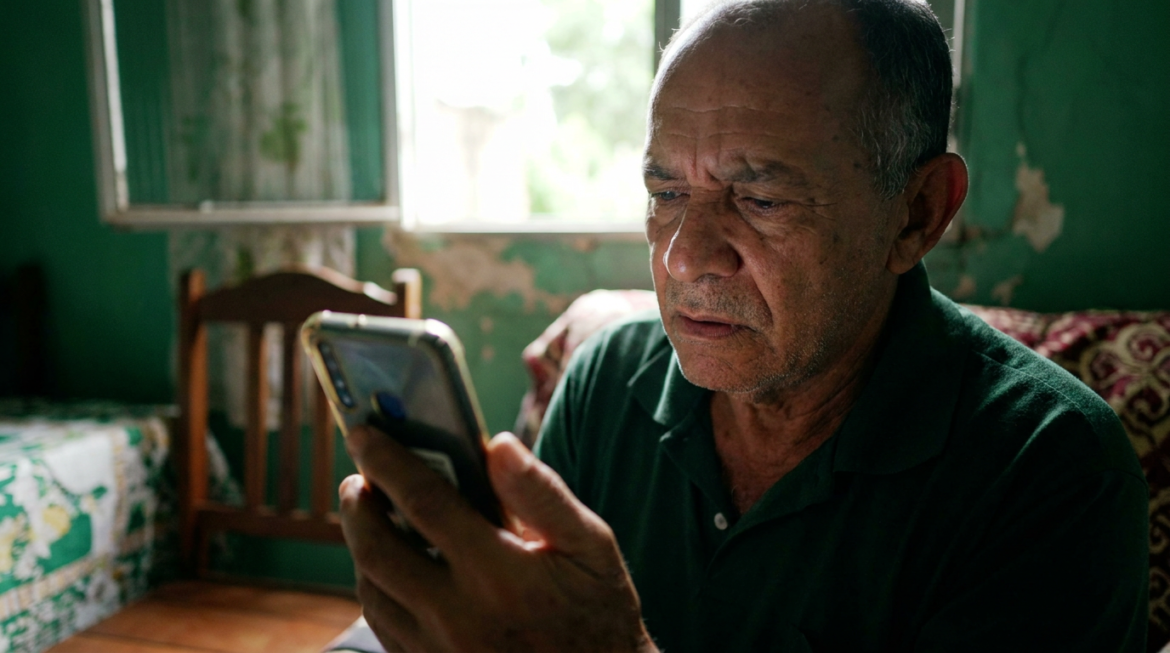 Homem idoso de camisa polo verde escuro segura celular e observa tela com expressão atenta, em ambiente doméstico