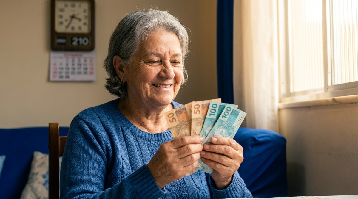 Segunda parcela do 13º do INSS começa a ser paga a aposentados e pensionistas 6 Idosa de cabelos grisalhos e blusa azul sorri segurando notas de 50 e 100 reais em ambiente residencial com calendário
