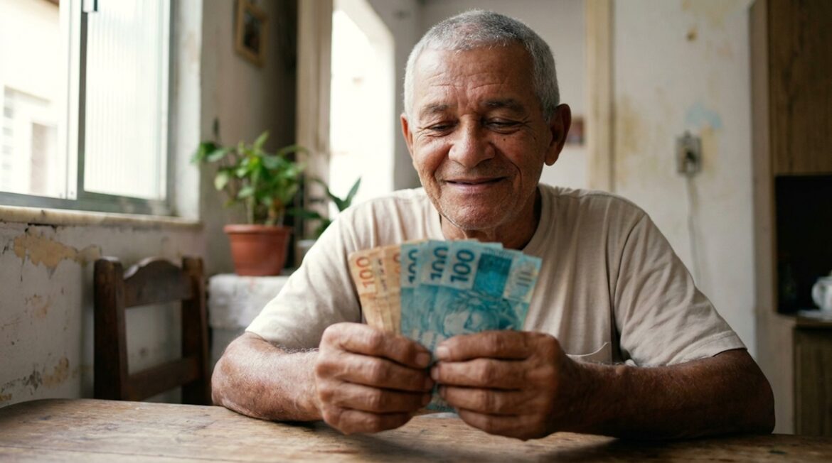 Homem idoso de cabelo grisalho sorrindo enquanto conta notas de 100 reais em mesa de madeira rústica