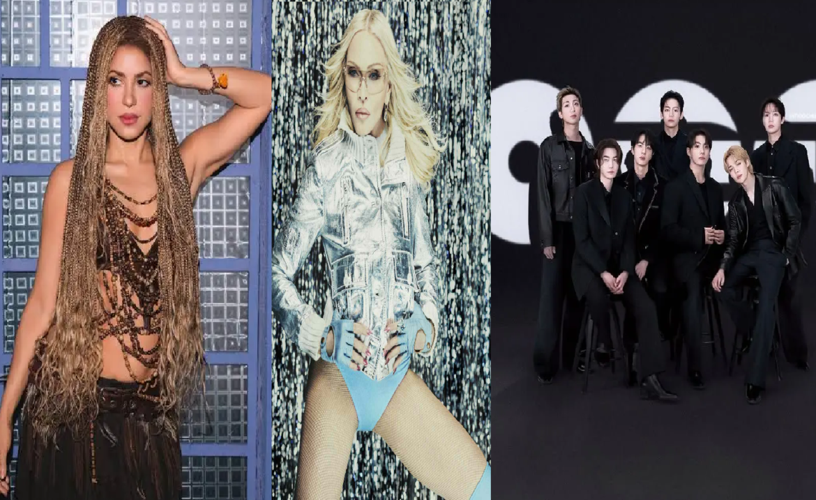 Shakira com tranças loiras, Madonna em figurino prateado e sete integrantes do BTS de preto