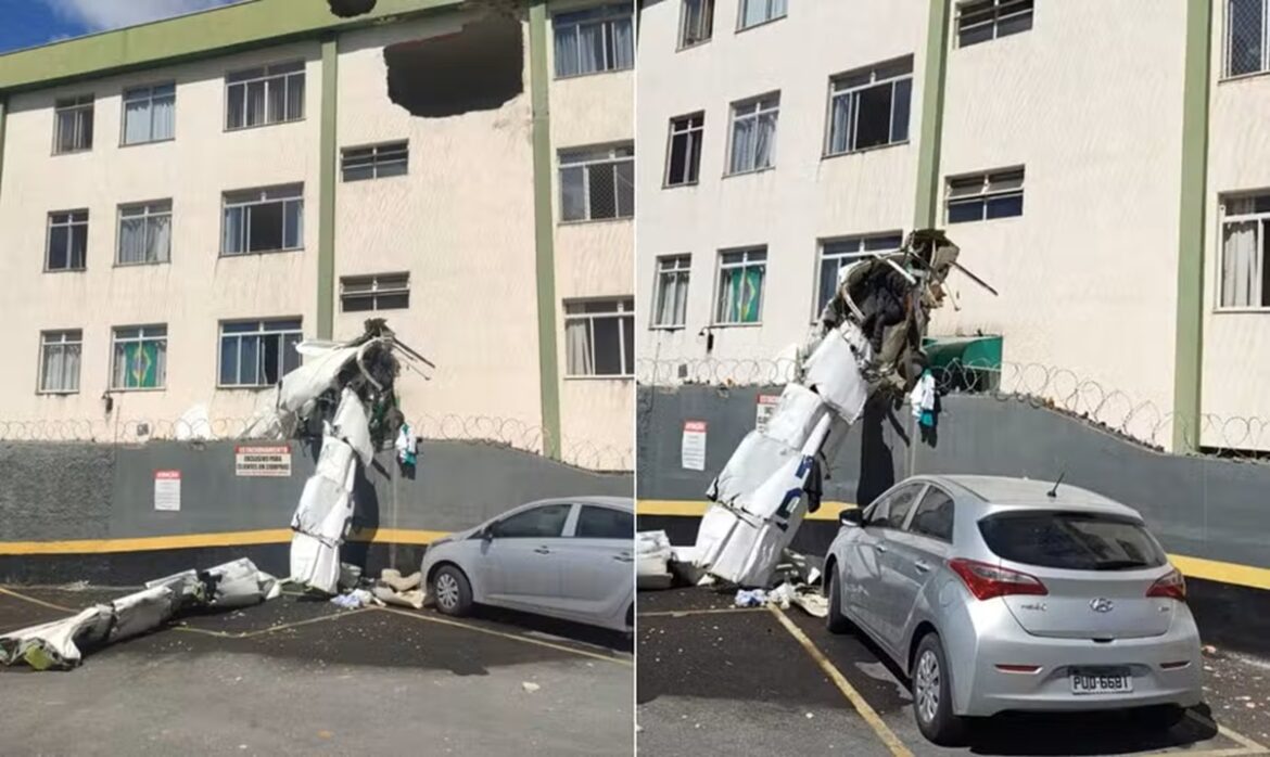 Destroços do avião EMB-721C Sertanejo após bater em prédio no bairro Silveira, Belo Horizonte