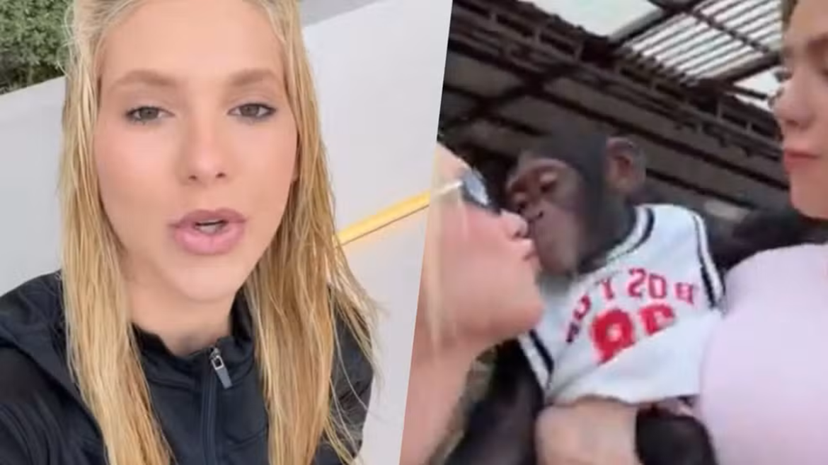 Virginia Fonseca, loira de jaqueta preta, grava vídeo de defesa; ao lado, cena do beijo em macaco no zoológico de Dubai