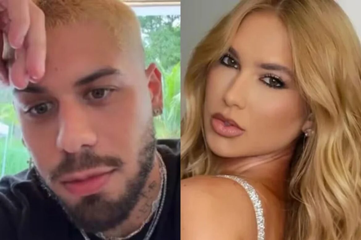 Zé Felipe com cabelo loiro e tatuagens no pescoço ao lado de Virginia Fonseca loira com top prateado brilhante