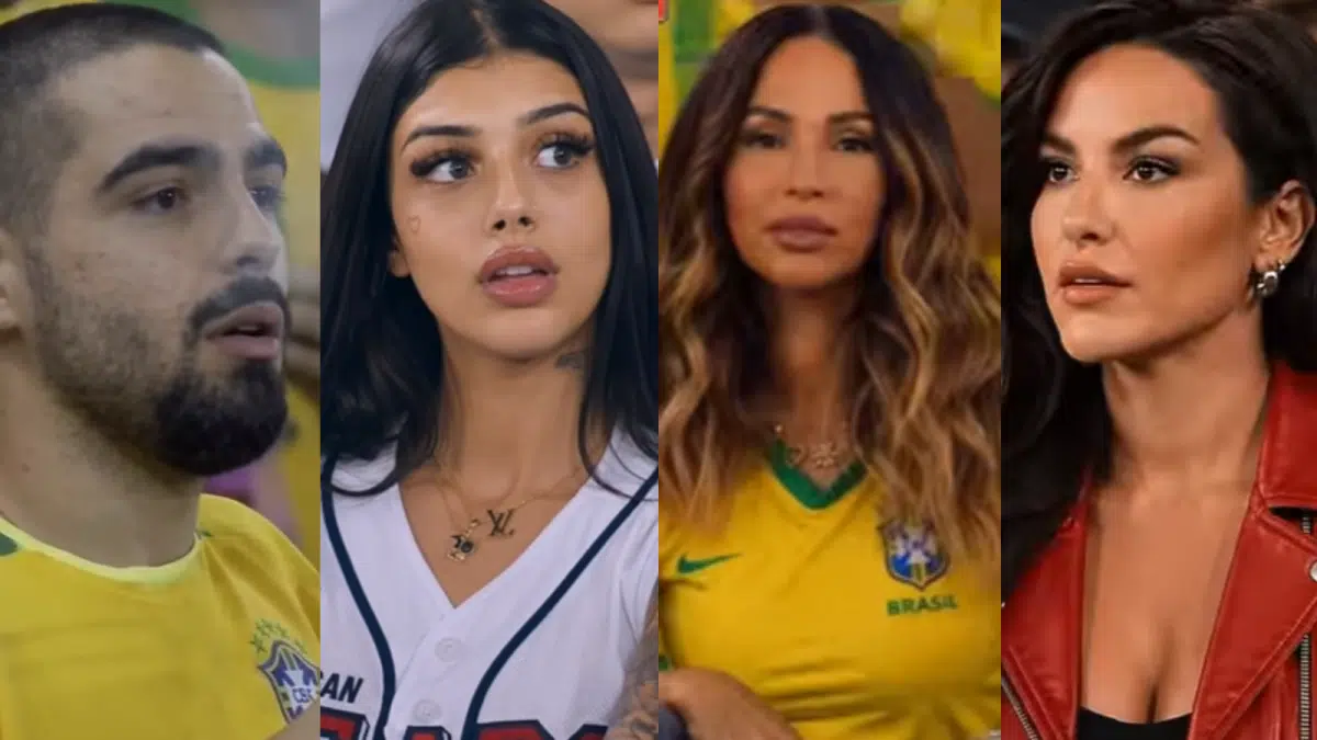 Famosos entram na trend da arquibancada com IA; veja como fazer e participar 6 Quatro rostos de brasileiros em montagem, dois com camisa da seleção, uma de camisa branca e outra de jaqueta vermelha