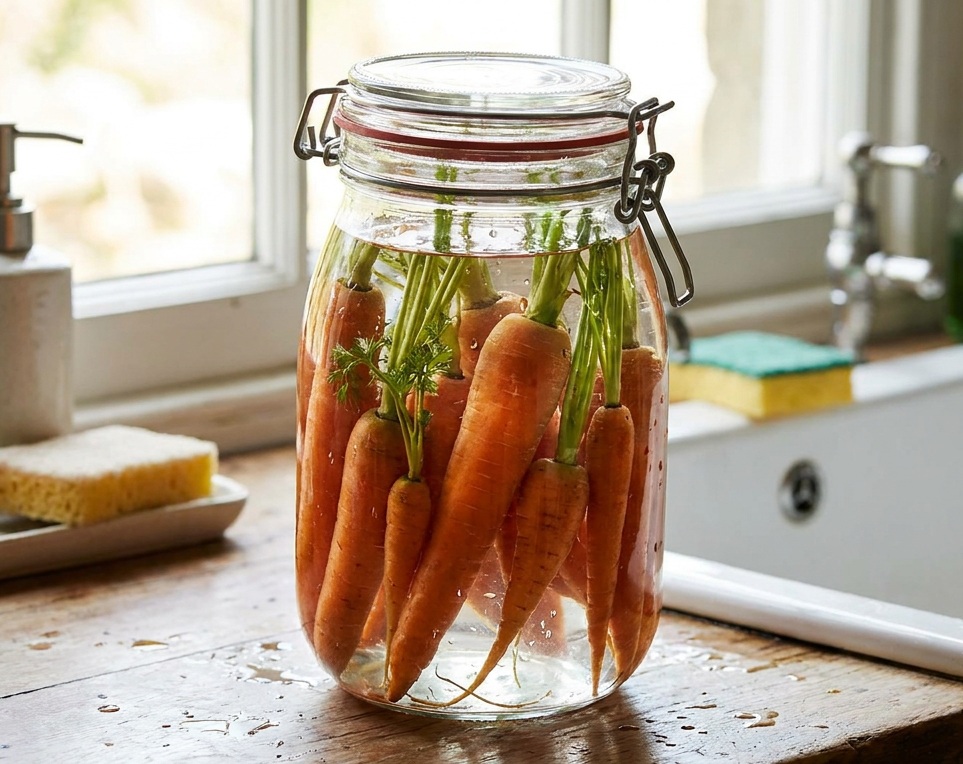 Nunca guarde tudo junto: o jeito certo de armazenar cenoura, abóbora, cebola e alho 6 Cenouras inteiras com ramas verdes submersas em água dentro de pote de vidro hermético sobre bancada de cozinha