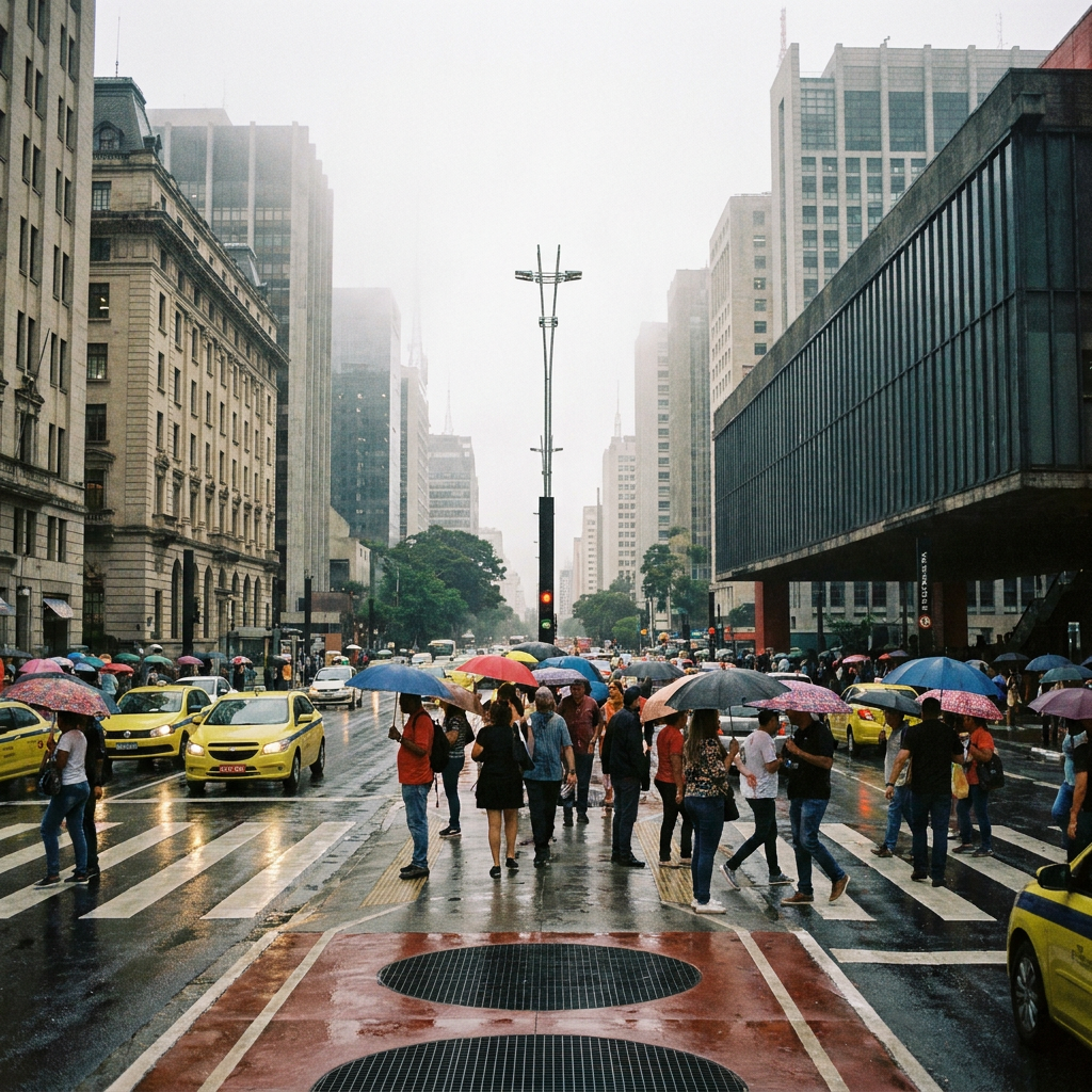 Previsão do tempo para o Brasil: temperaturas extremas de 0°C a 37°C marcam este fim de semana 6 Pedestres caminham com guarda-chuvas na Avenida Paulista em dia chuvoso, com táxis amarelos e prédios ao fundo