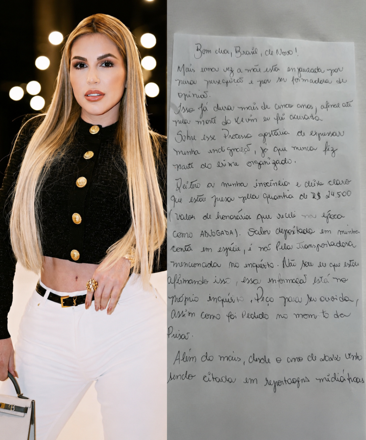 Montagem com a foto de uma mulher loira ao lado da imagem de uma carta manuscrita