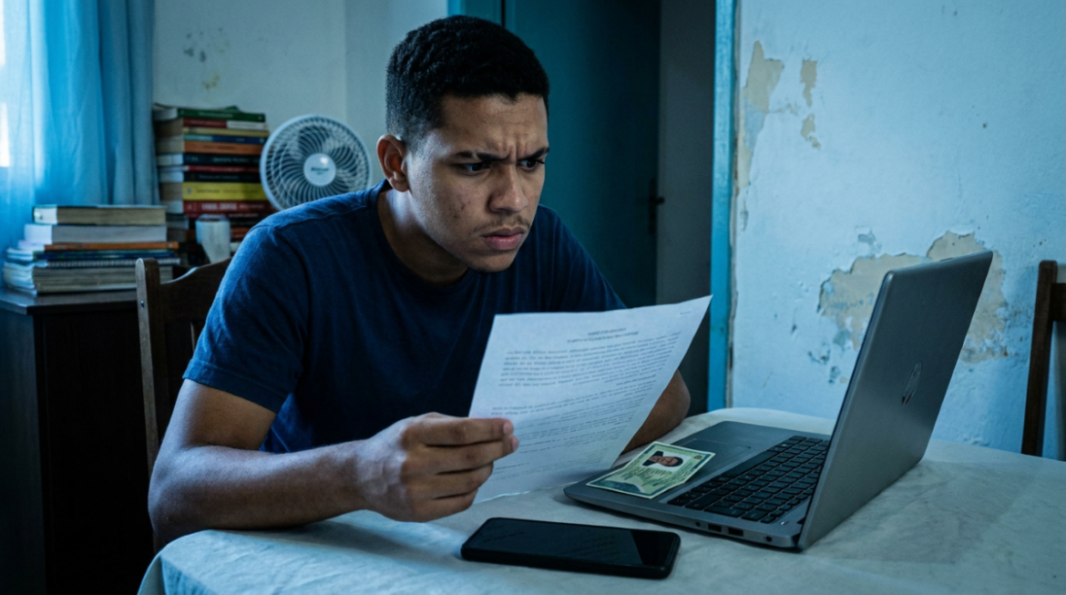 Jovem lê um documento com expressão preocupada à mesa e, ao redor, um notebook, um celular e uma identidade