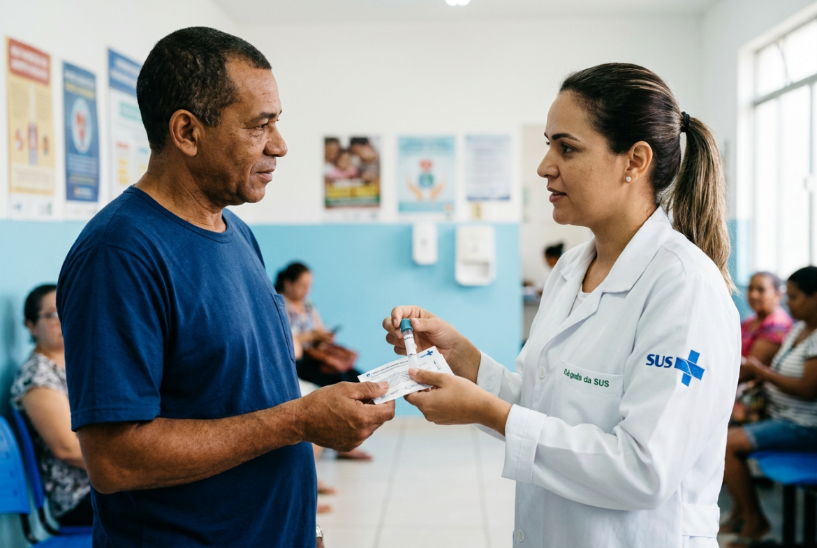 Profissional de saúde com jaleco do SUS entrega tubo de coleta e instruções do teste FIT a paciente em unidade de saúde