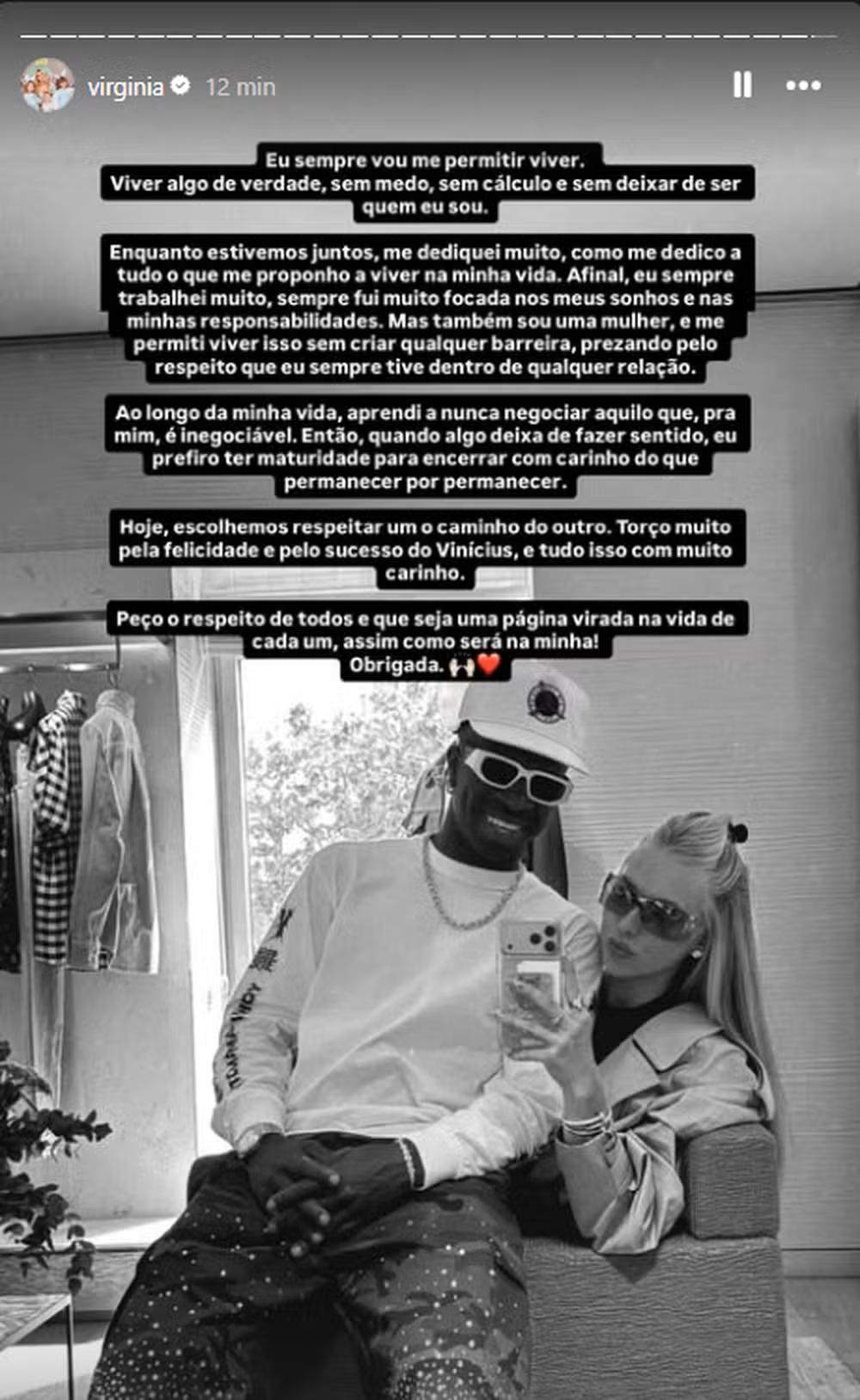 Vini Jr. quebra o silêncio e se pronuncia após término com Virginia 7 Comunicado de Virginia Fonseca no Instagram Stories anunciando fim do namoro com Vini Jr., foto do casal em preto e branco