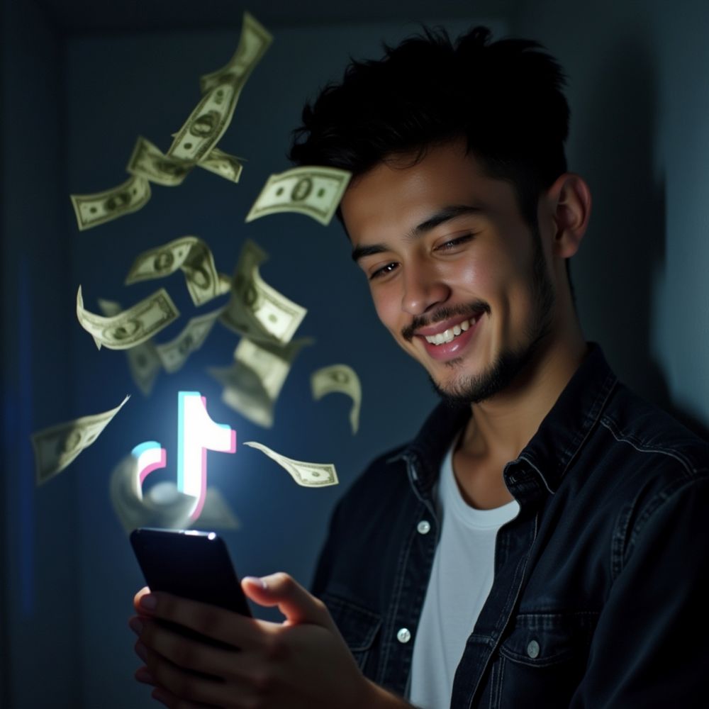 Brasileiros estão ganhando renda extra nas redes sociais; veja como participar 6 Um jovem sorridente segura um celular de onde emerge o logotipo do TikTok iluminado em neon. Ao redor do aparelho, notas de dinheiro flutuam, simbolizando ganhos digitais.