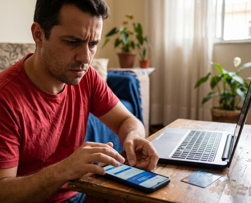 Golpe da Copa do Mundo 2026 aceita PIX e redes sociais: quem busca ingressos pode cair em páginas clonadas da FIFA 6 Homem de camiseta vermelha com expressão preocupada usa celular e notebook com cartão de crédito sobre mesa de madeira