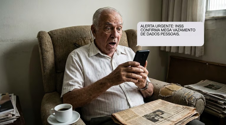 Vazamento de dados do INSS: falha de segurança da Dataprev expõe informações de até 2 milhões de beneficiários 6 Idoso de cabelos grisalhos sentado em poltrona bege olha surpreso para celular com mensagem sobre vazamento do INSS
