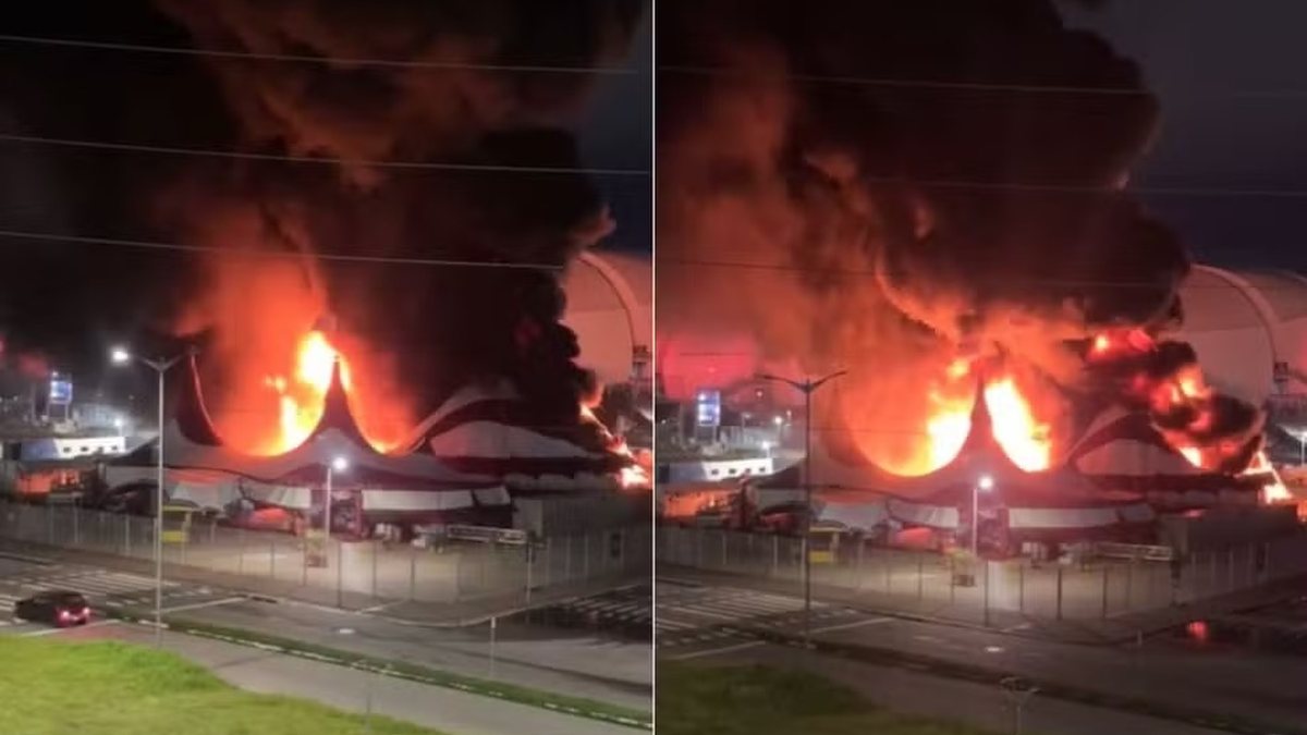 IMAGENS: Incêndio no Circo do Tirú em Natal destrói parte da estrutura 6 Chamas intensas e fumaça preta consumindo a lona vermelha e branca do Circo do Tirulipa em Natal durante a madrugada