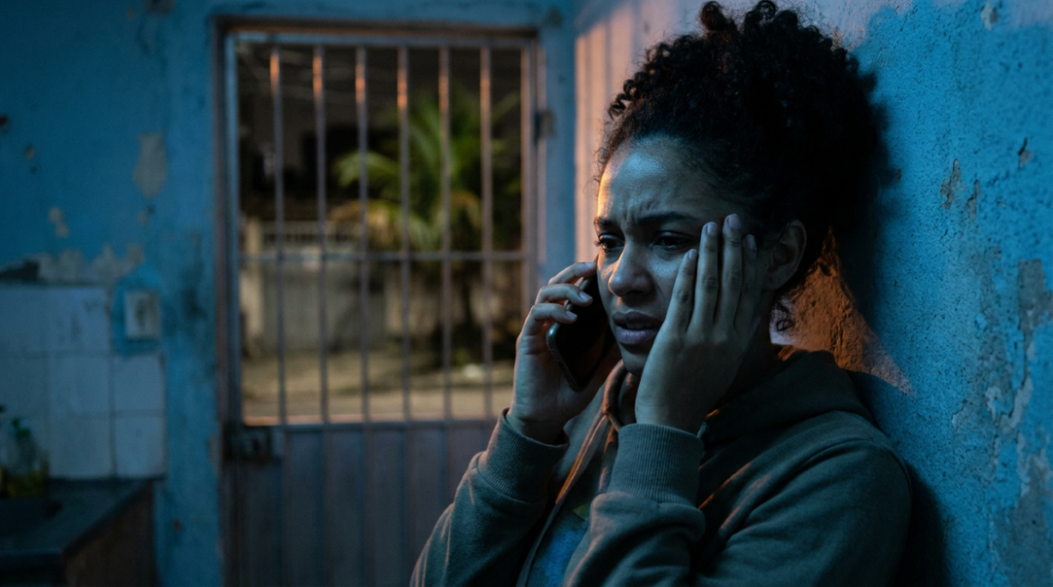 Mulher fala ao celular com expressão de medo em ambiente noturno