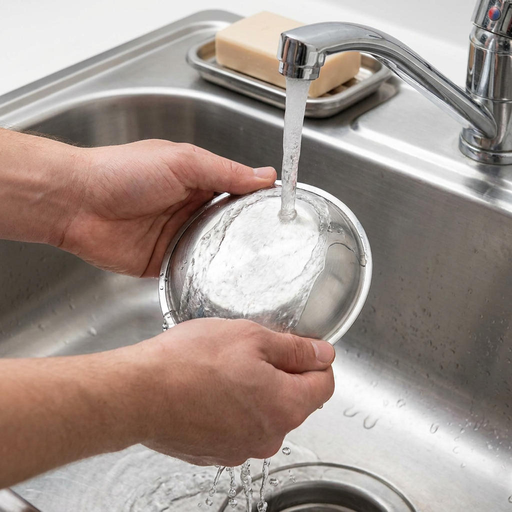 Adeus ao cheiro de alho nas mãos: o truque da colher de inox que elimina o odor na hora 6 Mãos segurando tigela de aço inox sob torneira com água corrente em pia de cozinha, demonstrando truque caseiro