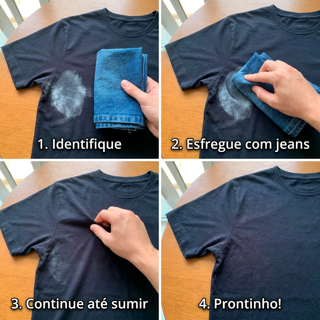 Adeus mancha de desodorante: o truque do jeans que remove o borrão branco em segundos sem precisar lavar 6 Mão esfregando pedaço de jeans sobre mancha branca de desodorante em camiseta preta, com passo a passo em 4 etapas