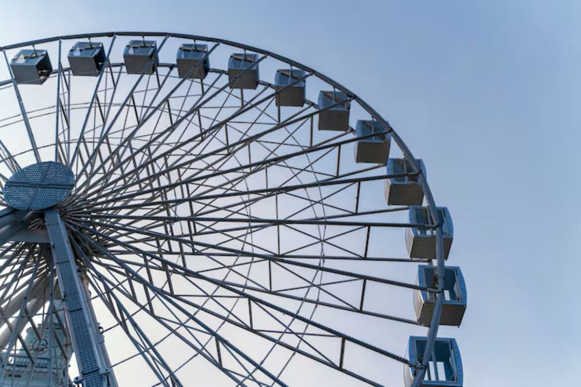Roda-gigante vista de baixo com céu azul ao fundo