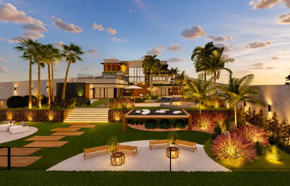 Mansão de Marrone: 5 espaços de tirar o fôlego que transformam o lar num resort exclusivo 6 Renderização 3D da área externa da mansão de Marrone com jardim, palmeiras, lounges e casa de três andares ao fundo