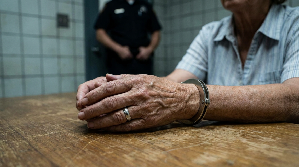 Mãos envelhecidas algemadas sobre mesa de madeira com policial ao fundo em delegacia