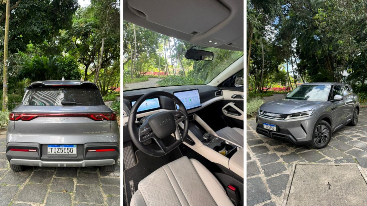 BYD revela Atto 2 híbrido flex no dia 9 de junho: SUV nacional terá 212 cv e mais de 1.000 km de autonomia 6 Montagem com três fotos do SUV BYD Yuan Pro cinza, mostrando traseira, painel interno com tela central e visão frontal