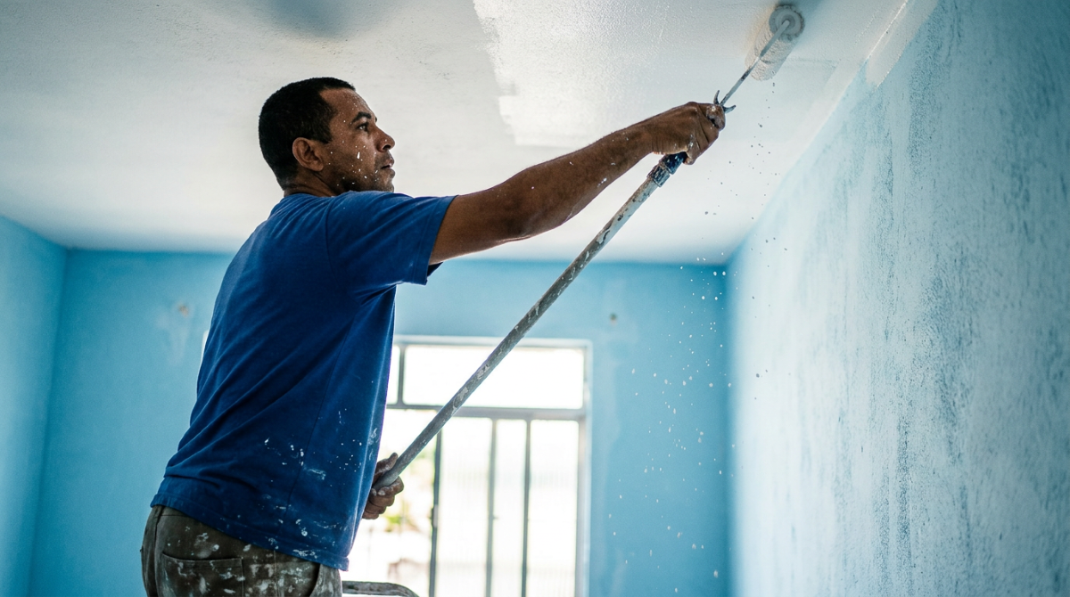 Quinta parede vira protagonista: teto colorido transforma qualquer ambiente sem reforma cara 6 Pintor de camiseta azul usa rolo de tinta em cabo longo para pintar o teto de um cômodo com paredes azuis