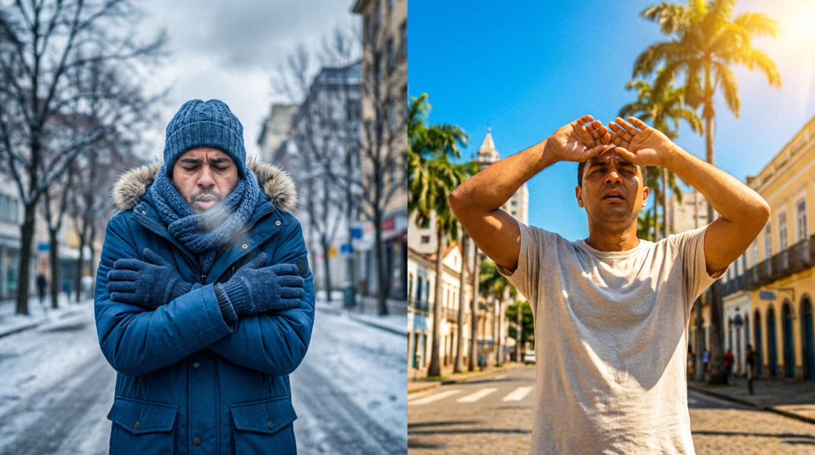 Homem com casaco azul e gorro na neve ao lado de outro protegendo-se do sol tropical com palmeiras