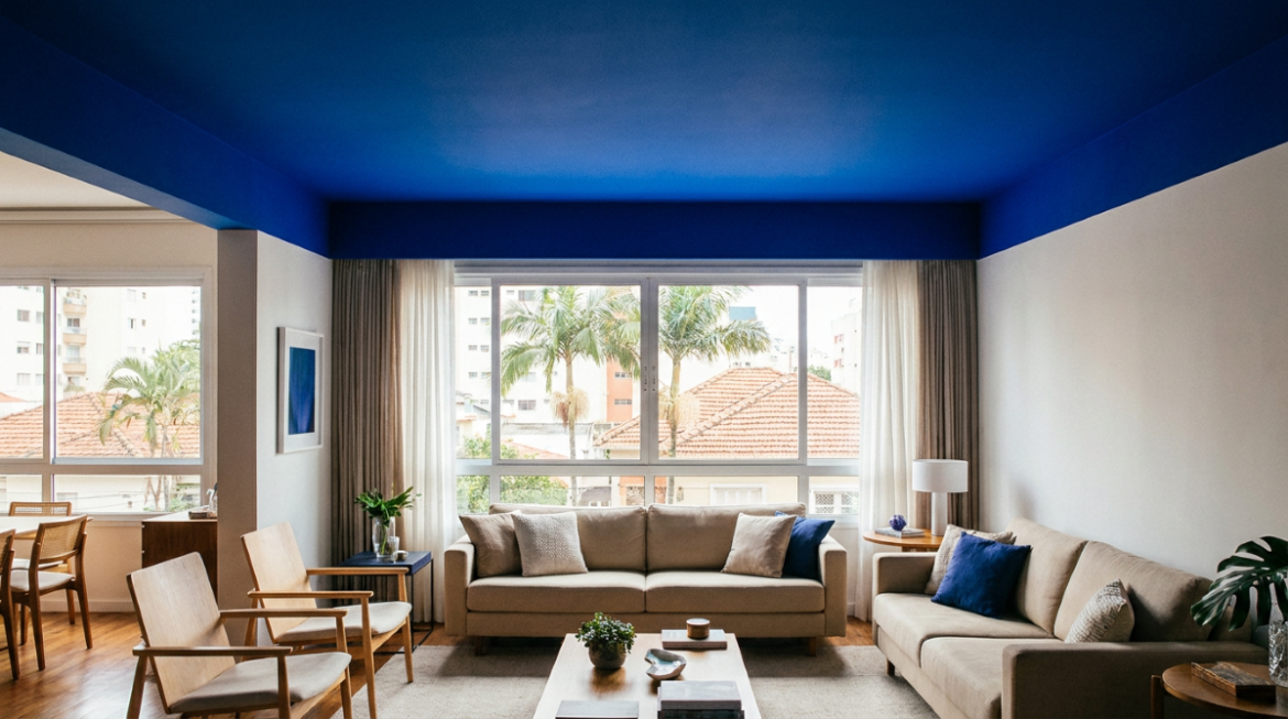 Sala de estar ampla com teto pintado de azul vibrante, sofás bege, poltronas de madeira e vista para a cidade