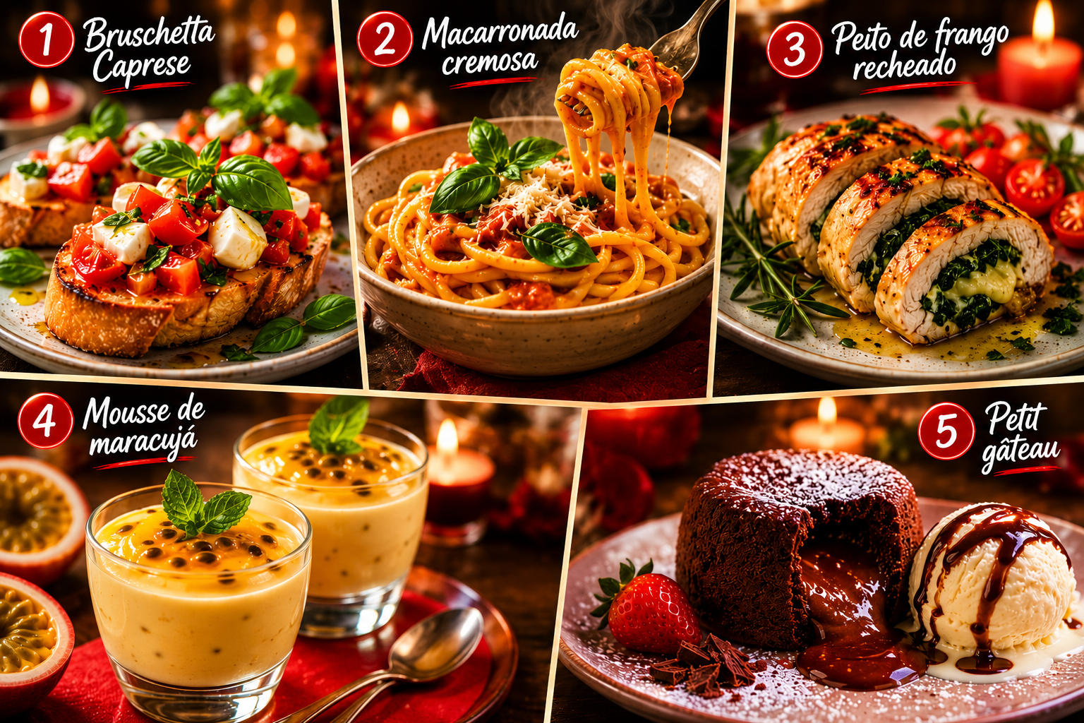 Adeus restaurante lotado: 5 receitas para jantar de Dia dos Namorados em casa gastando até R$ 100 6 Mosaico com as cinco receitas do jantar de Dia dos Namorados: bruschetta caprese, macarronada cremosa, frango recheado, mousse de maracujá e petit gâteau