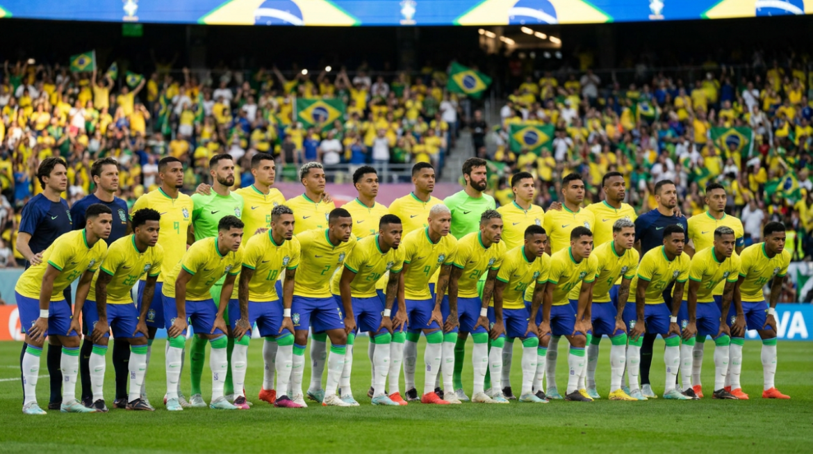 Jogadores da seleção brasileira perfilados em campo durante a execução do hino