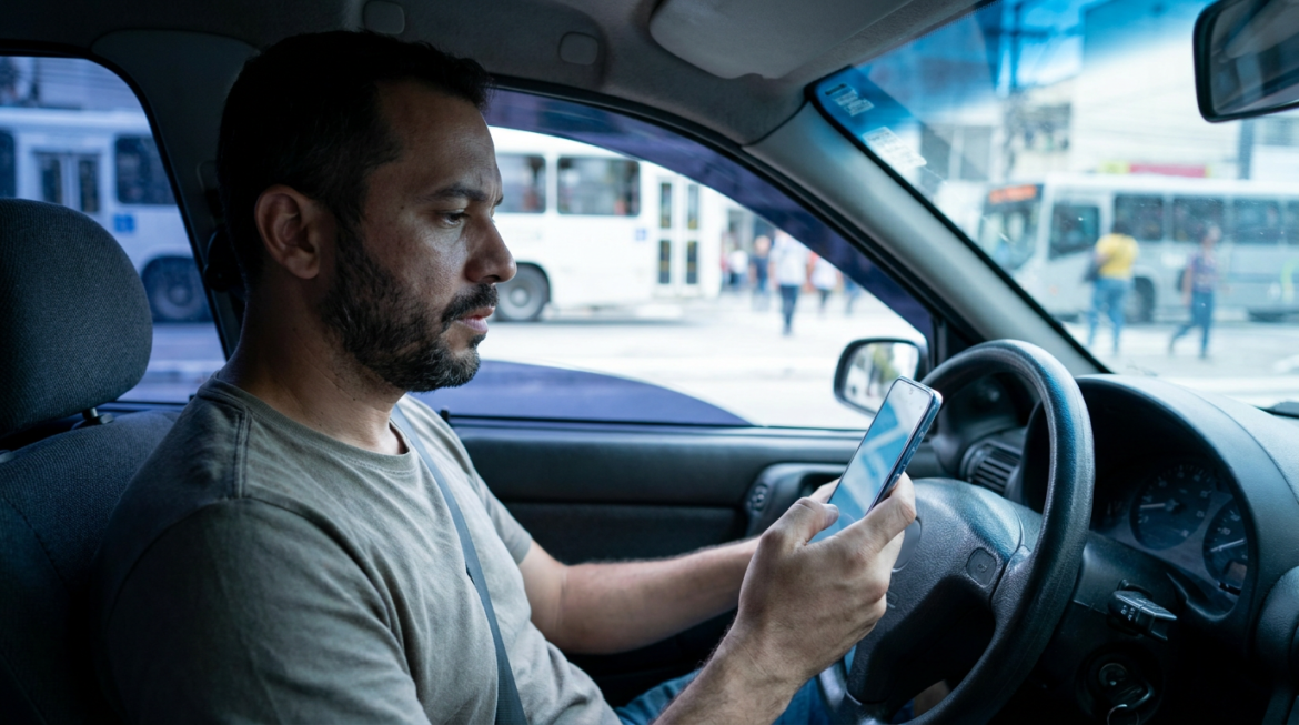 Homem barbado de camiseta cinza segura celular com app de navegação dentro de carro, ônibus ao fundo
