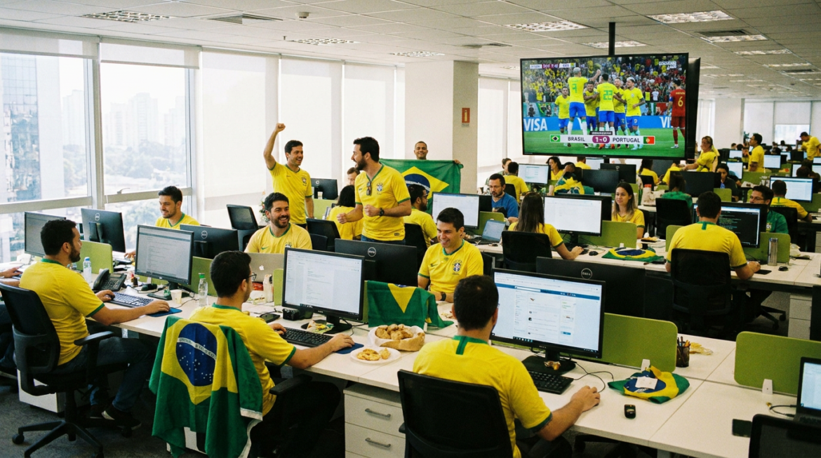 Funcionários de escritório com camisas amarelas da seleção brasileira assistem jogo do Brasil em TV, com bandeiras e salgados.
