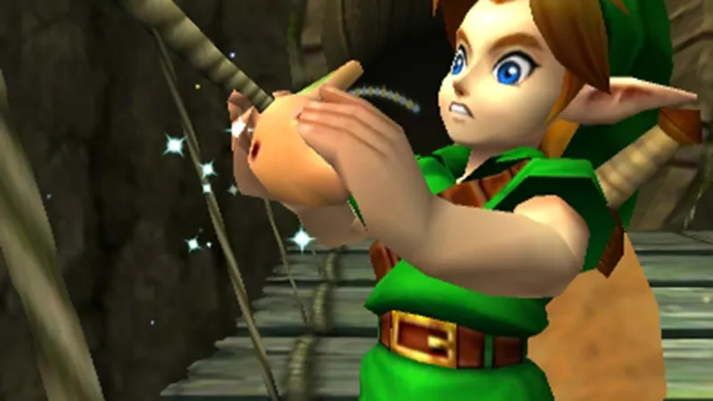 5 fatos sobre o remake de Ocarina of Time para Nintendo Switch 2; lançamento será em 2026 6 Link criança com túnica verde segura ocarina marrom, orelhas de elfo e cabelo ruivo, em ponte de madeira na floresta