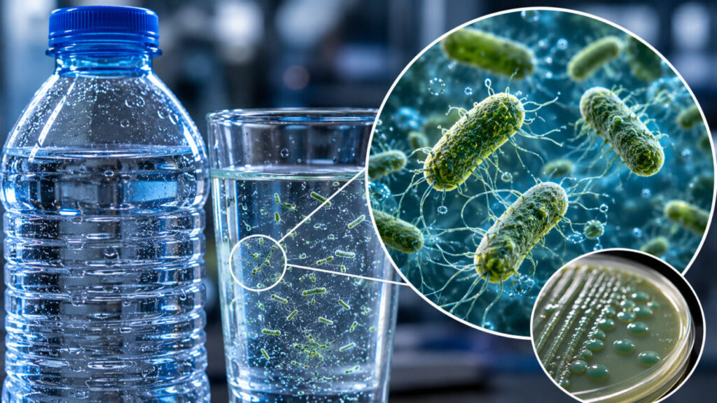 Atenção: bactéria encontrada na água Crystal é a mesma dos produtos Ypê 6 Garrafa de água mineral e copo com bactérias verdes em destaque microscópico, placa de petri ao lado