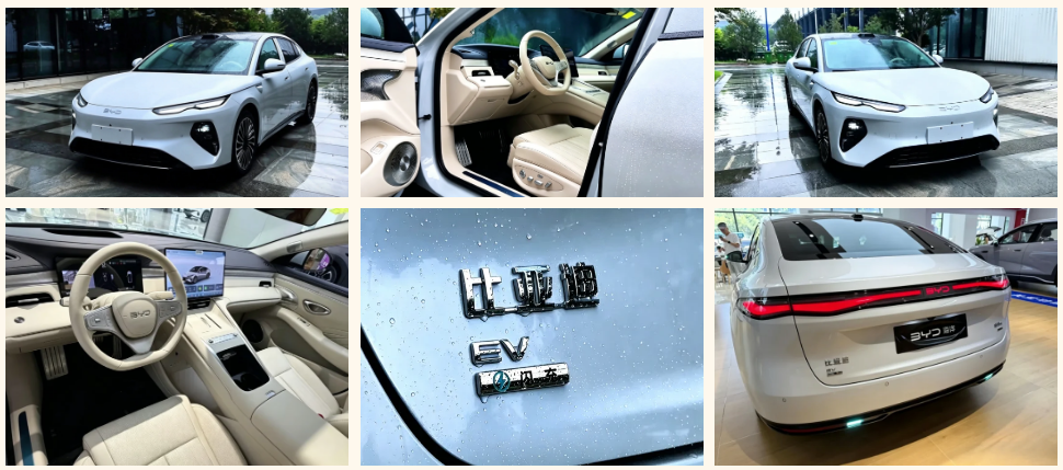 O BYD Seal 08 chega às concessionárias antes do lançamento na China, em 2 de julho 6 BYD Seal 08 branco em concessionária com detalhes do interior bege, emblema EV e traseira com barra de LED