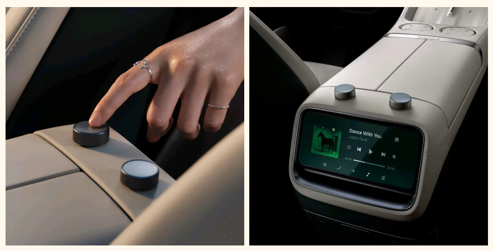 BYD Great Tang: copia dispositivo IoT da Xiaomi para lançamento hoje 6 Mão feminina com anéis pressionando botão magnético preto no console bege do BYD Great Tang, ao lado de tela traseira com player de música
