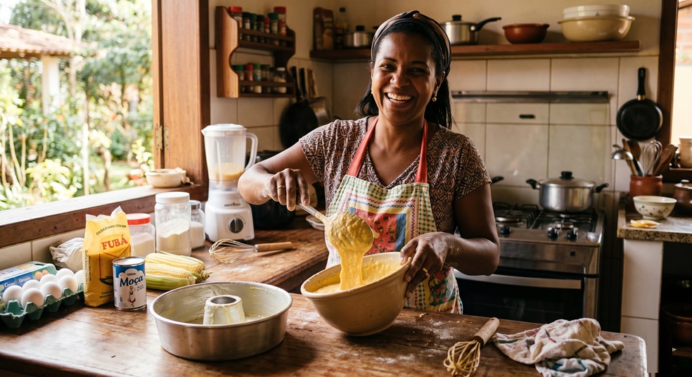 Bolo de milho cremoso irresistível sem farinha: praticidade no liquidificador 6 Mulher negra sorridente mistura massa de bolo amarela ao lado de fubá, ovos e leite condensado em cozinha arejada