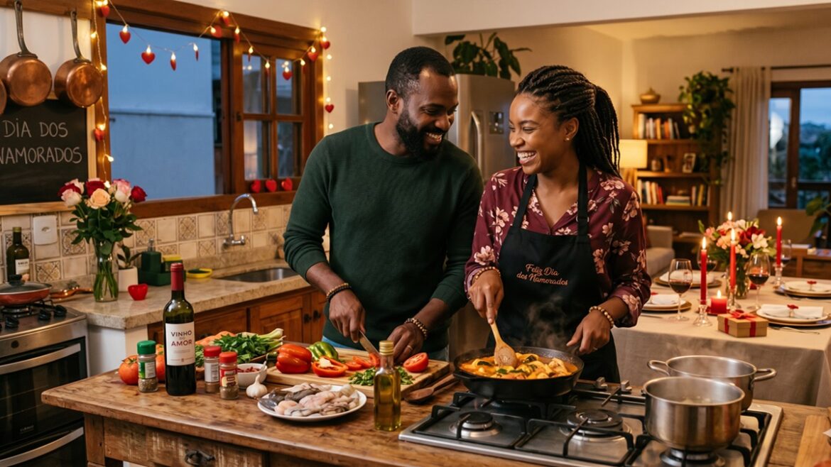 Casal sorridente cozinha junto, mulher com avental 'Feliz Dia dos Namorados' e mesa decorada ao fundo