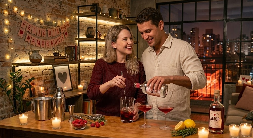 Dia dos Namorados "Slow": Casais trocam restaurantes lotados por experiências em casa 6 Casal sorridente fazendo drinques na sala decorada com velas, banner de Dia dos Namorados e vista urbana ao fundo
