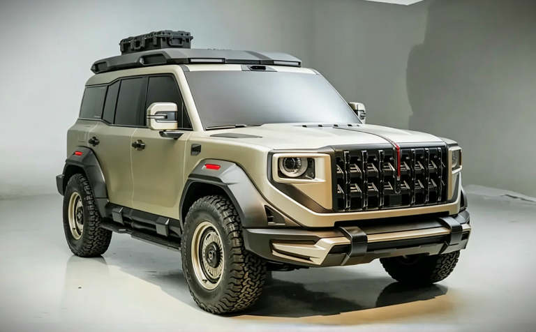 Hongqi lança SUV off-road G919 com 4 motores e 831 cv: 0 a 100 km/h em 4,5 segundos e 1.350 km de autonomia 6 Hongqi G919 bege com grade preta robusta, rack de teto, pneus off-road e rodas escuras em estúdio