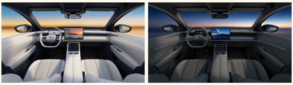O interior do sedã Volkswagen ID. Era S5 PHEV com autonomia de 2.000 km foi revelado na China 6 Cabine do Volkswagen ID.Era 5S em duas versões de cor: clara com detalhes amarelos e escura com iluminação azul