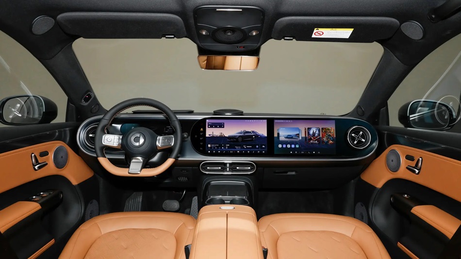 O primeiro sedã da Smart: o #6 EHD PHEV será lançado em 11/06, com preço inicial de US$ 28.000 na China 6 Cabine do Smart #6 EHD com bancos em couro caramelo, painel curvo com tela dupla e volante multifuncional em preto e caramelo