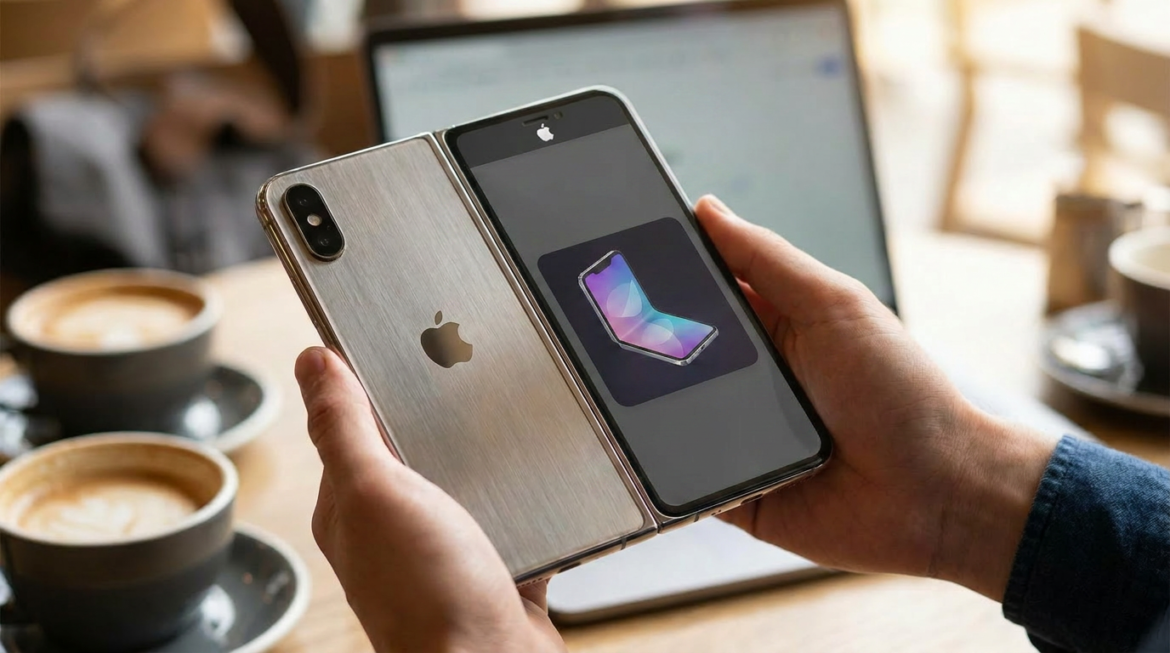 Mãos seguram conceito de iPhone dobrável aberto exibindo tela com ícone de celular flexível em café