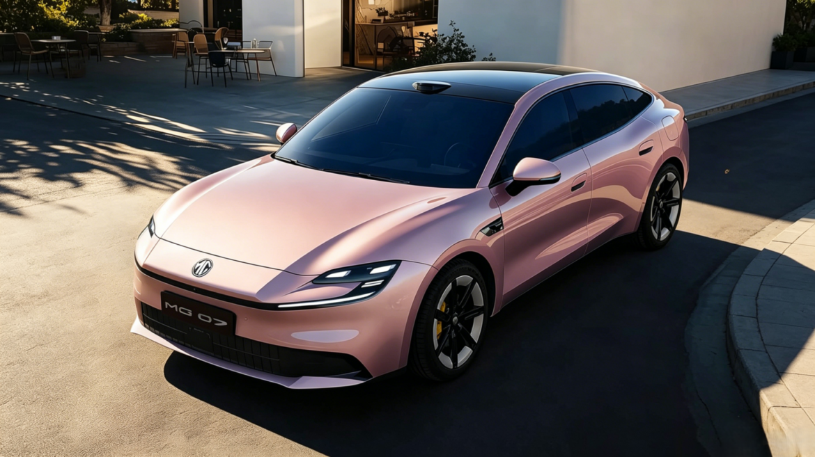 MG 07 rosa metálico com linhas fluidas inspiradas no Porsche Taycan , faróis LED em C e maçanetas embutidas