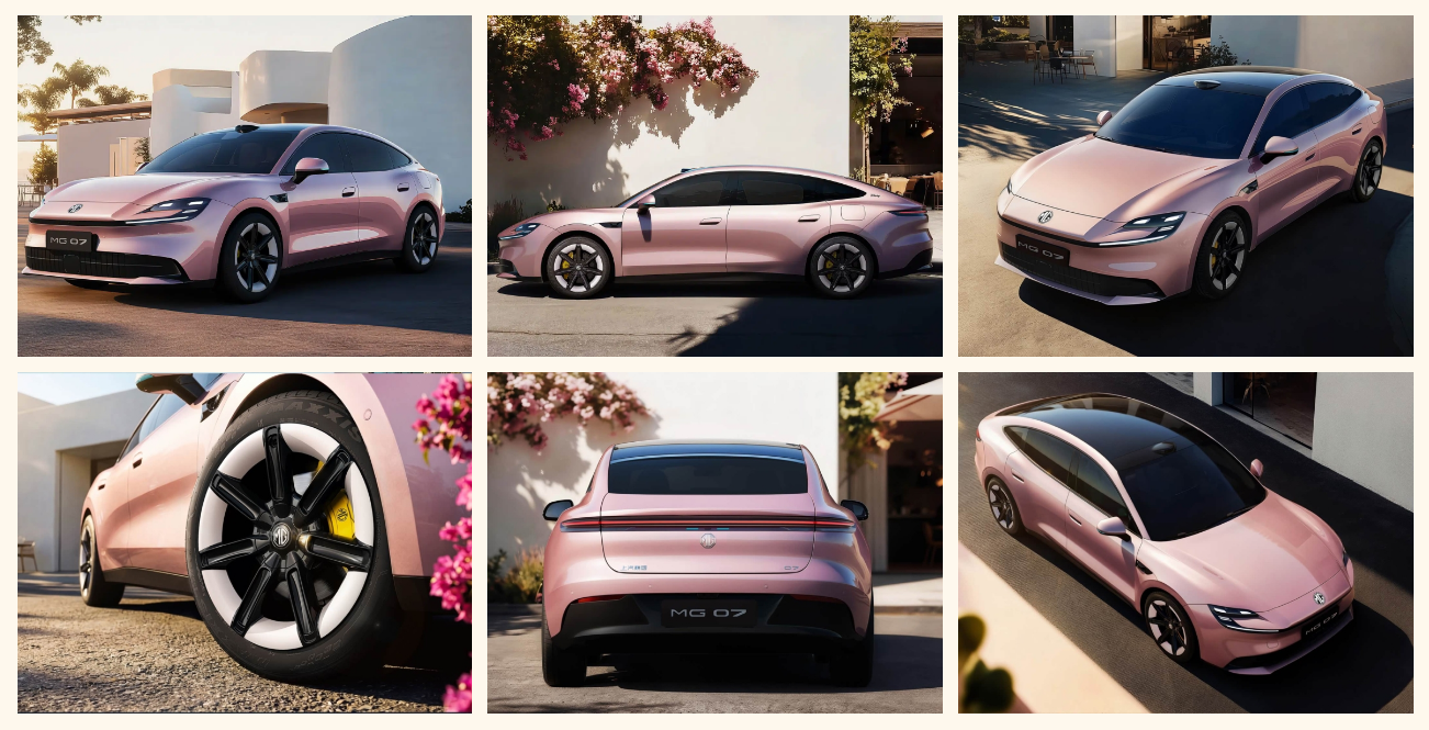 MG 07 foi apresentado com uma autonomia de 650 km na versão BEV e 185 km na versão PHEV 6 MG 07 rosa em seis ângulos diferentes: frente, perfil, traseira, rodas e vista superior do fastback